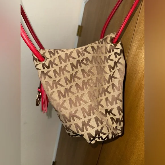Michael Kors MK Logo Canvas Tote Bag Brown Red Leather Handles Tassel Purse - Picture 4 of 17